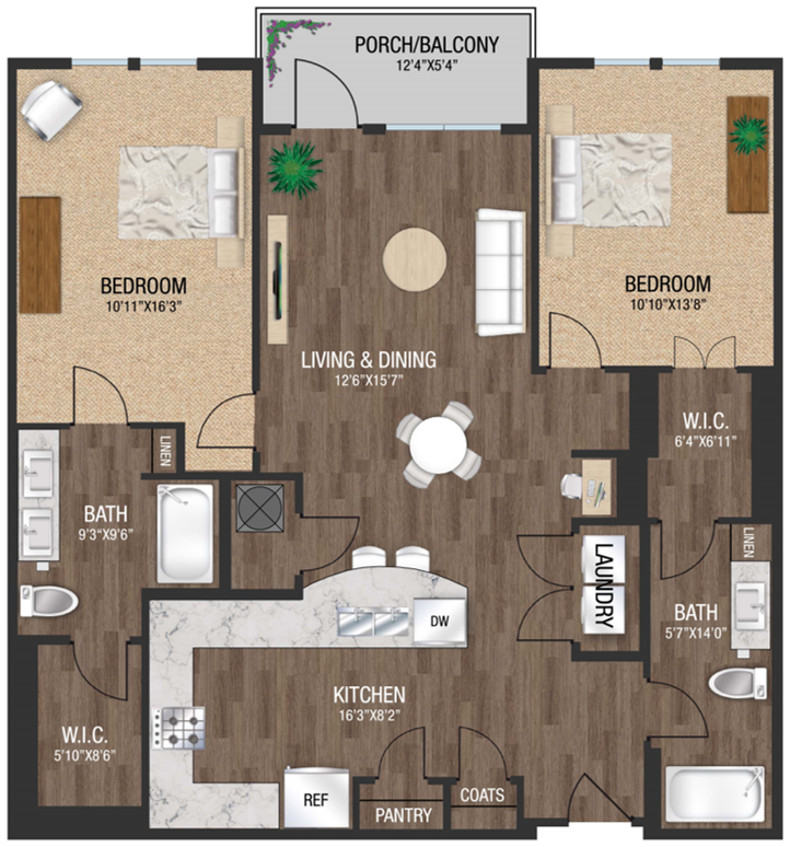 Floor plan for 2 beds, 2 baths, 1174 sqft